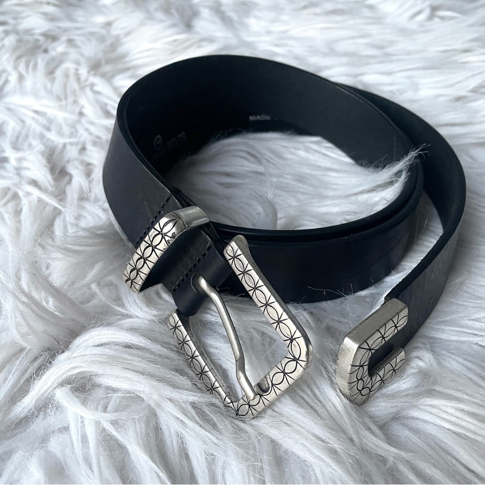 OFFICINA Handmade Italian Black Leather Etched Buckle Belt L